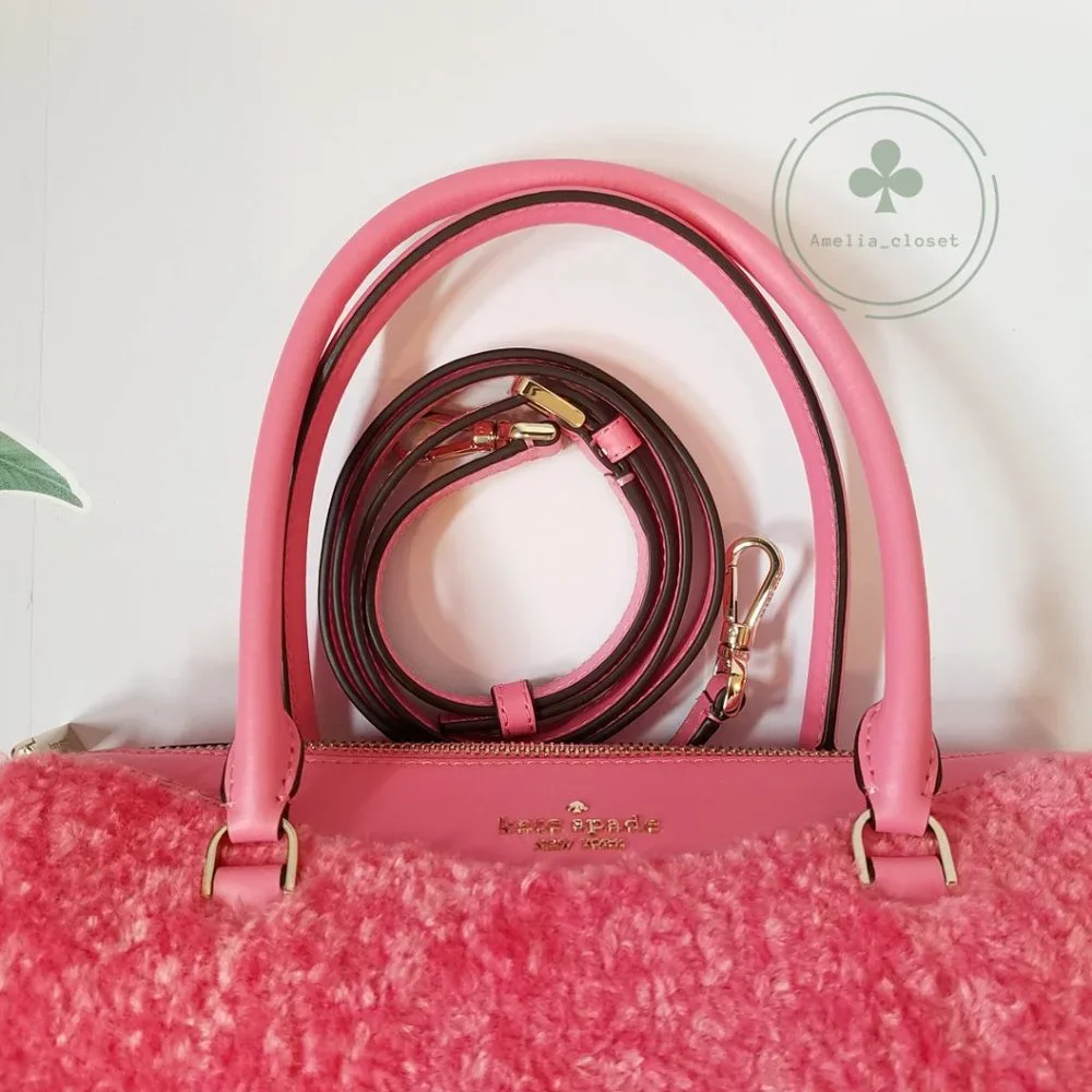 MAKE AN OFFER KATE SPADE MIMI FAUX FUR SATCHEL CROSSBODY BRIGHT BLUSH PINK - Picture 11 of 11